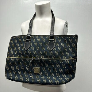 Dooney & Bourke Purse Tote Shoulder Bag Monogram D&B Canvas Black Navy Blue Tan